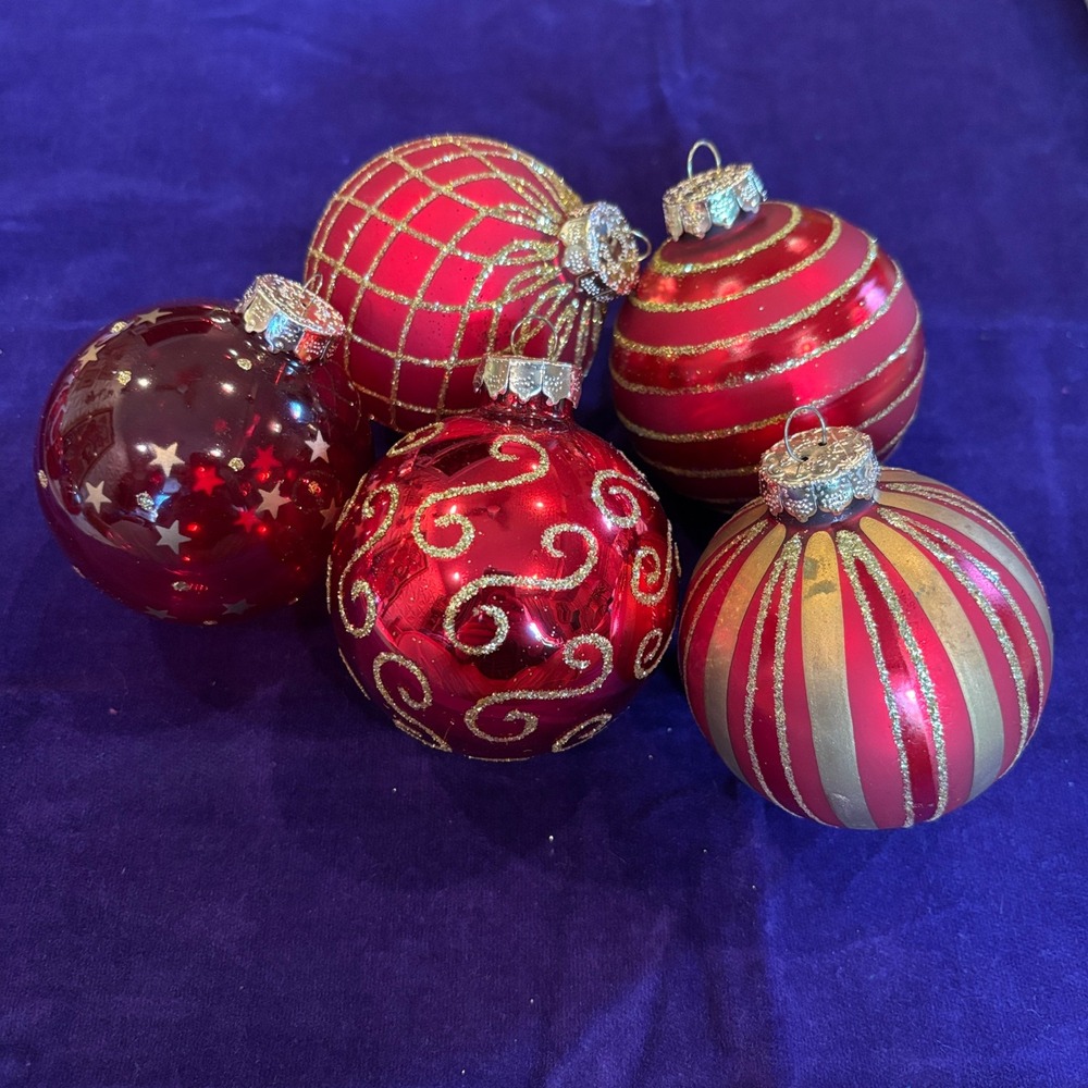 Vintage Red and Gold Glitter Glass Christmas Ornaments Set of 5